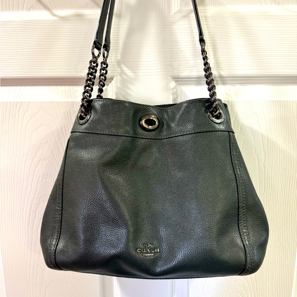 Coach Edie Turnlock Pebble Leather Shoulder Handbag 36855 Gunmetal Hunter Green
